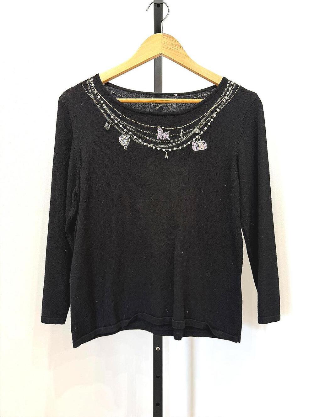 Pink Poodle pullover sweater black embroidered 3/4 sleeve charms beads